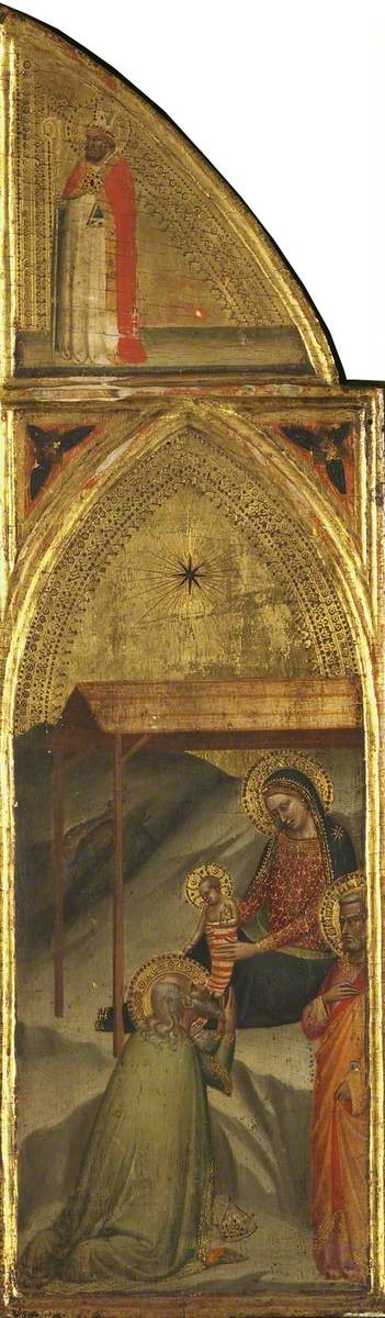 Kouzelník uctívající Ježíška a biskupa (triptych, pravé křídlo) (zadní strana) - Bernardo Daddi