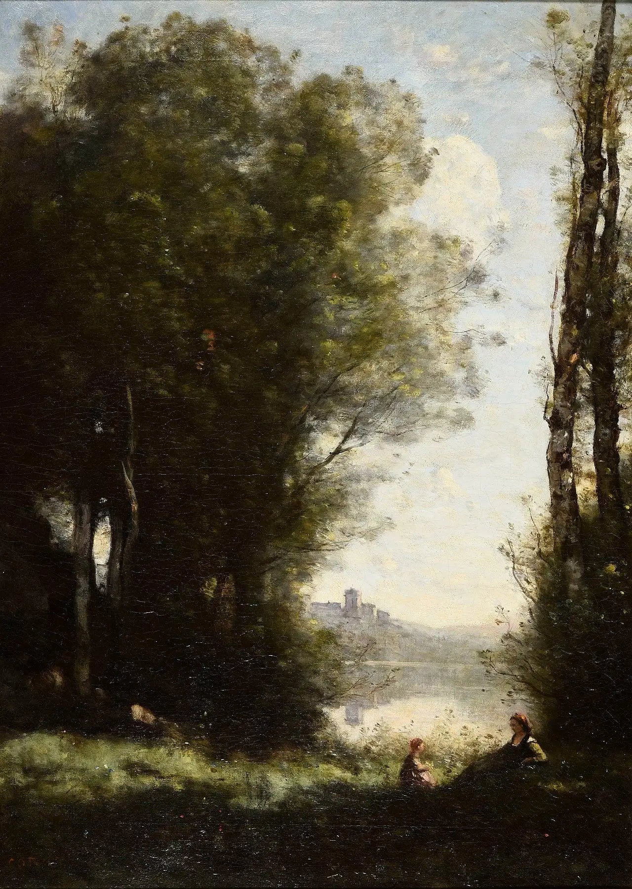 Les deux sœurs sous les arbres au bord du lac - Jean-Baptiste Camille Corot - Alpha Reproduction