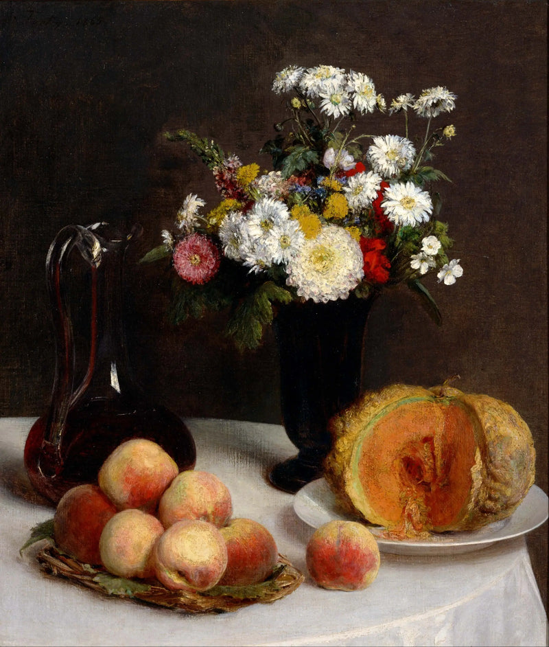 Mrtvá příroda s karafkou, květinami a ovocem - Henri Fantin-Latour