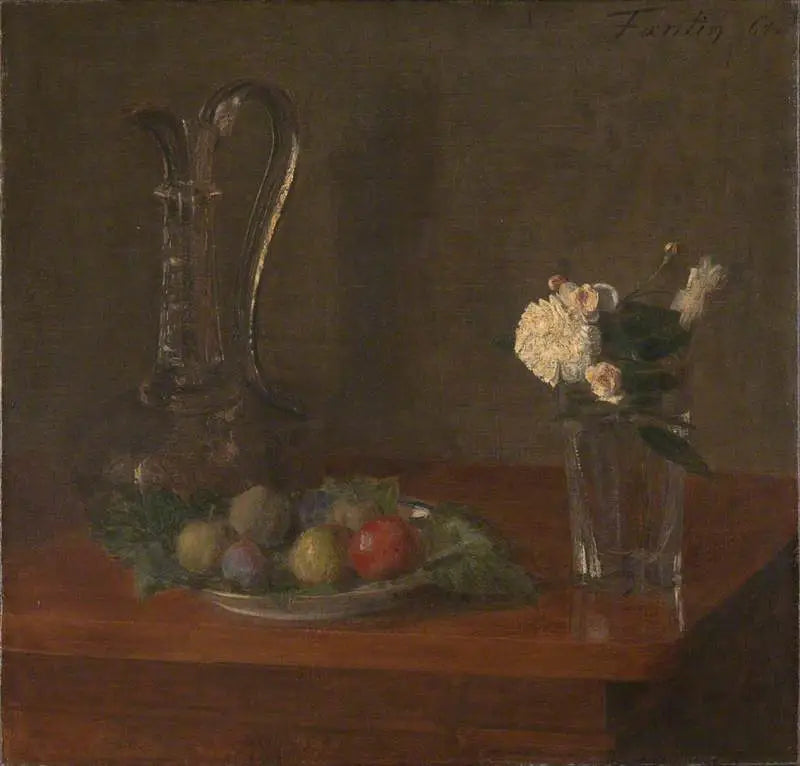 Mrtvá příroda s skleněným džbánem, ovocem a květinami - Henri Fantin-Latour