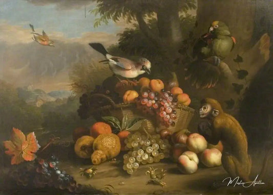 Nature morte avec un singe, Jay et Parrot - Tobias Stranover - Reproductions de tableaux et peintures haut de gamme