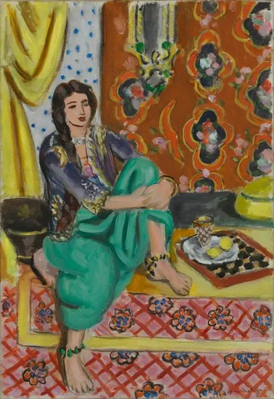 Reproduction du tableau « Odalisque assise, genou gauche replié, fond ornemental et damier - Henri Matisse » par Alpha Reproduction en peinture à l’huile