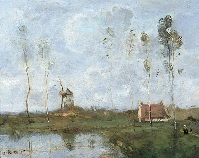 Krajina s chatou a větrným mlýnem - Jean-Baptiste Camille Corot
