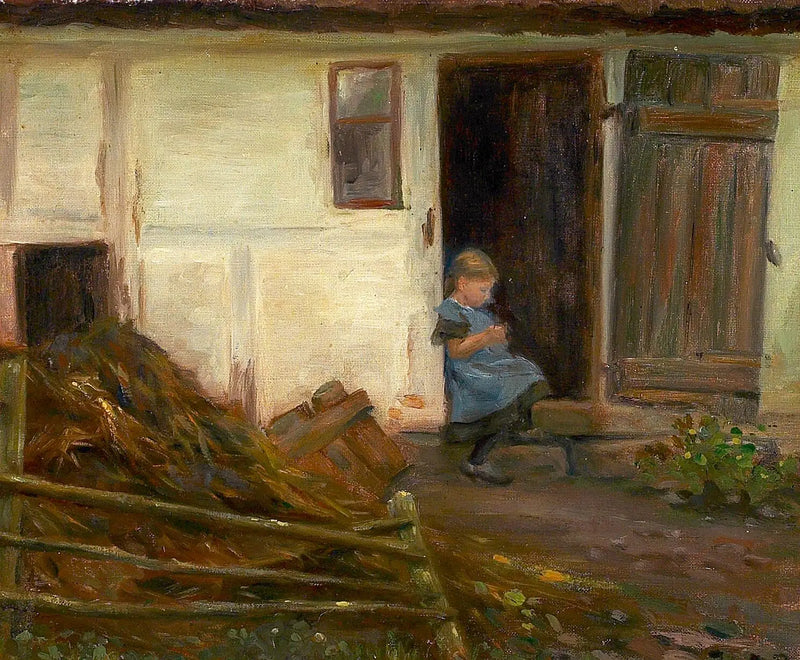 Krajina s dívkou v dveřích. - H. A. Brendekilde