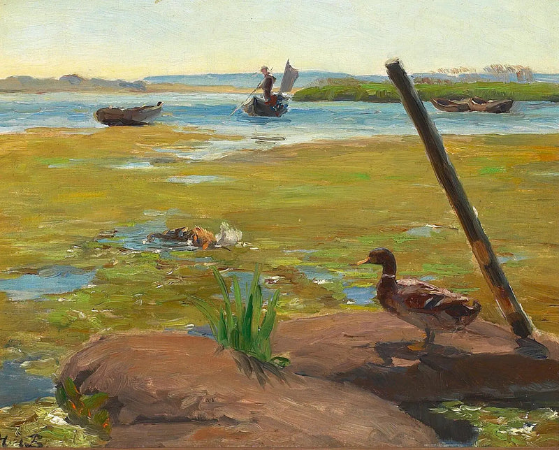 Krajina u Jyllinge s kachnou. V pozadí muž pije na voru. - H. A. Brendekilde