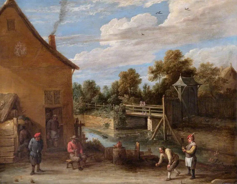 Farmáři hrající petanque před hostincem u řeky - David Teniers le Jeune