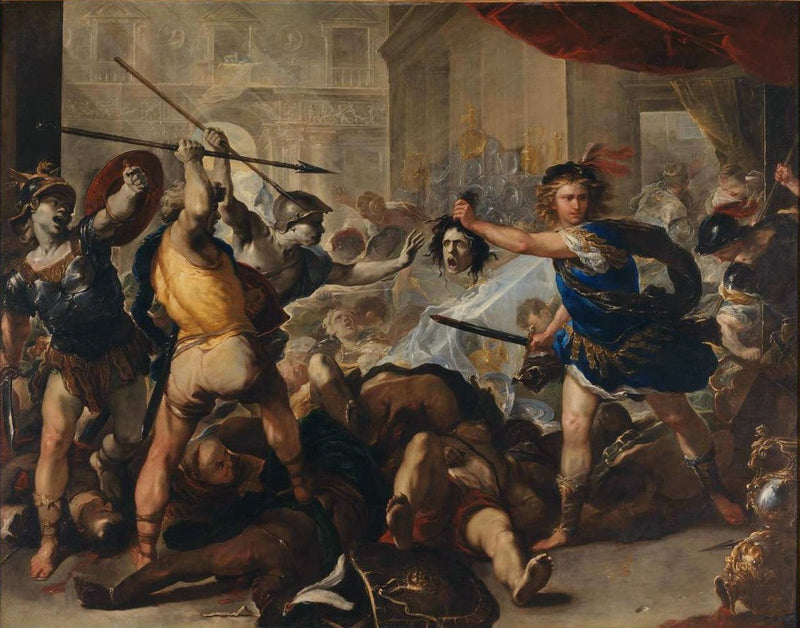 Persée proměnil Phinéa a jeho společníky na kámen - Luca Giordano