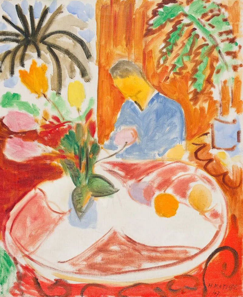 Malý interiér u kulatého mramorového stolu, palmový a postava - Henri Matisse