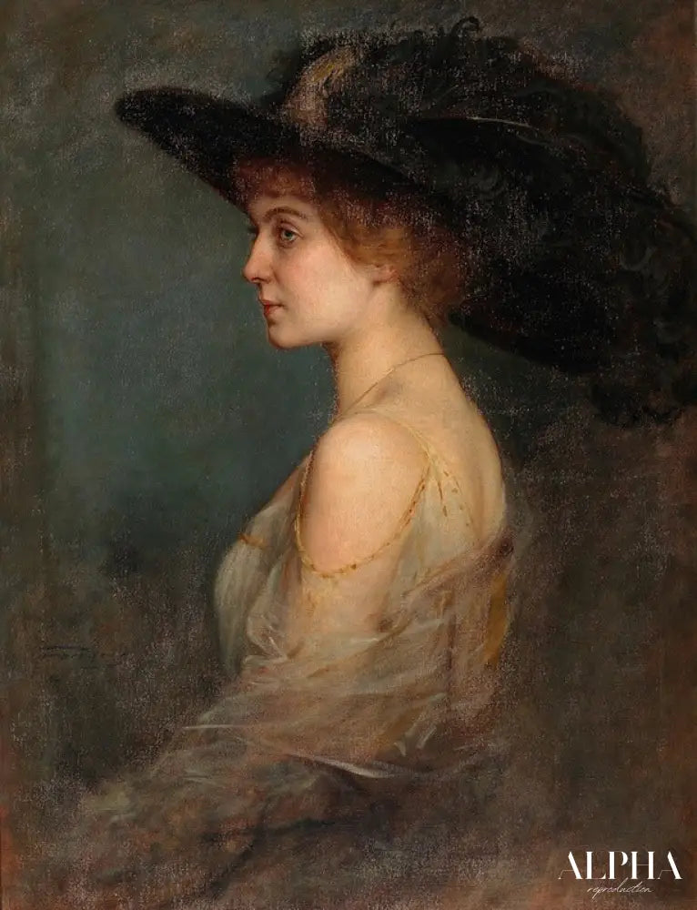 Portrait de profil d’une dame avec un grand chapeau à plumes - Arthur von Ferraris Reproductions de tableaux à la