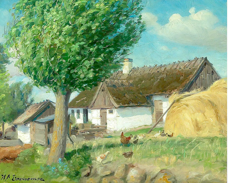 Kuřata před farmou se slaměnou střechou. - H. A. Brendekilde