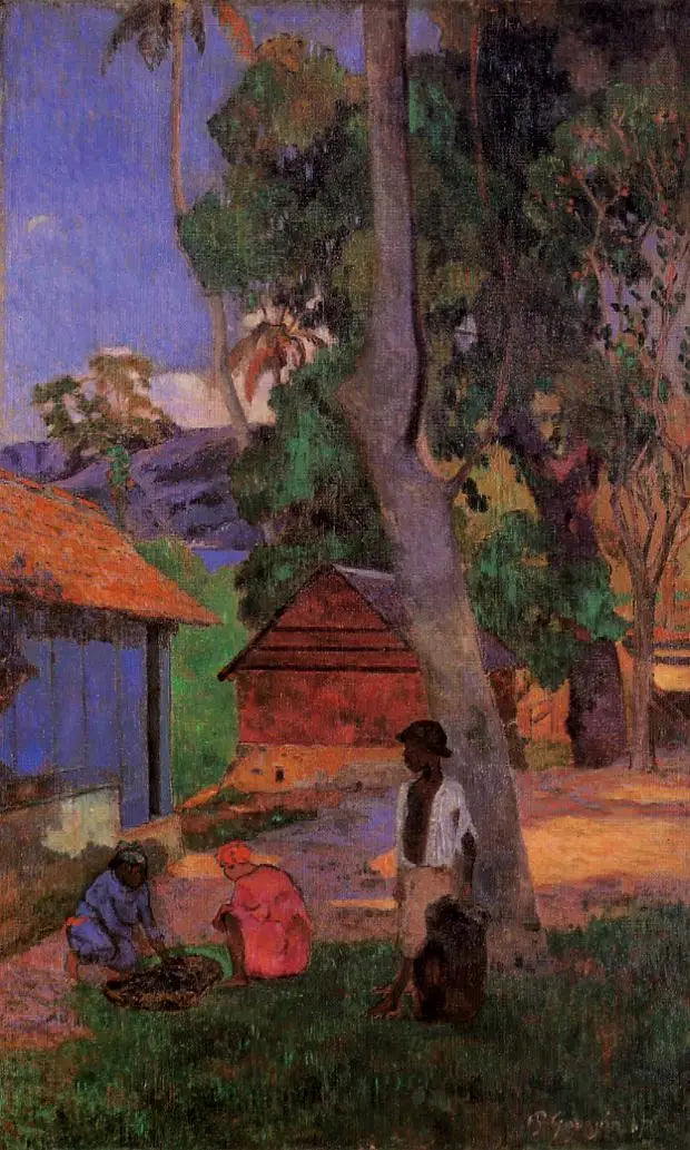 Reproduction du tableau « Près des cases, ou Autour des huttes - Paul Gauguin » par Alpha Reproduction en peinture à l’huile