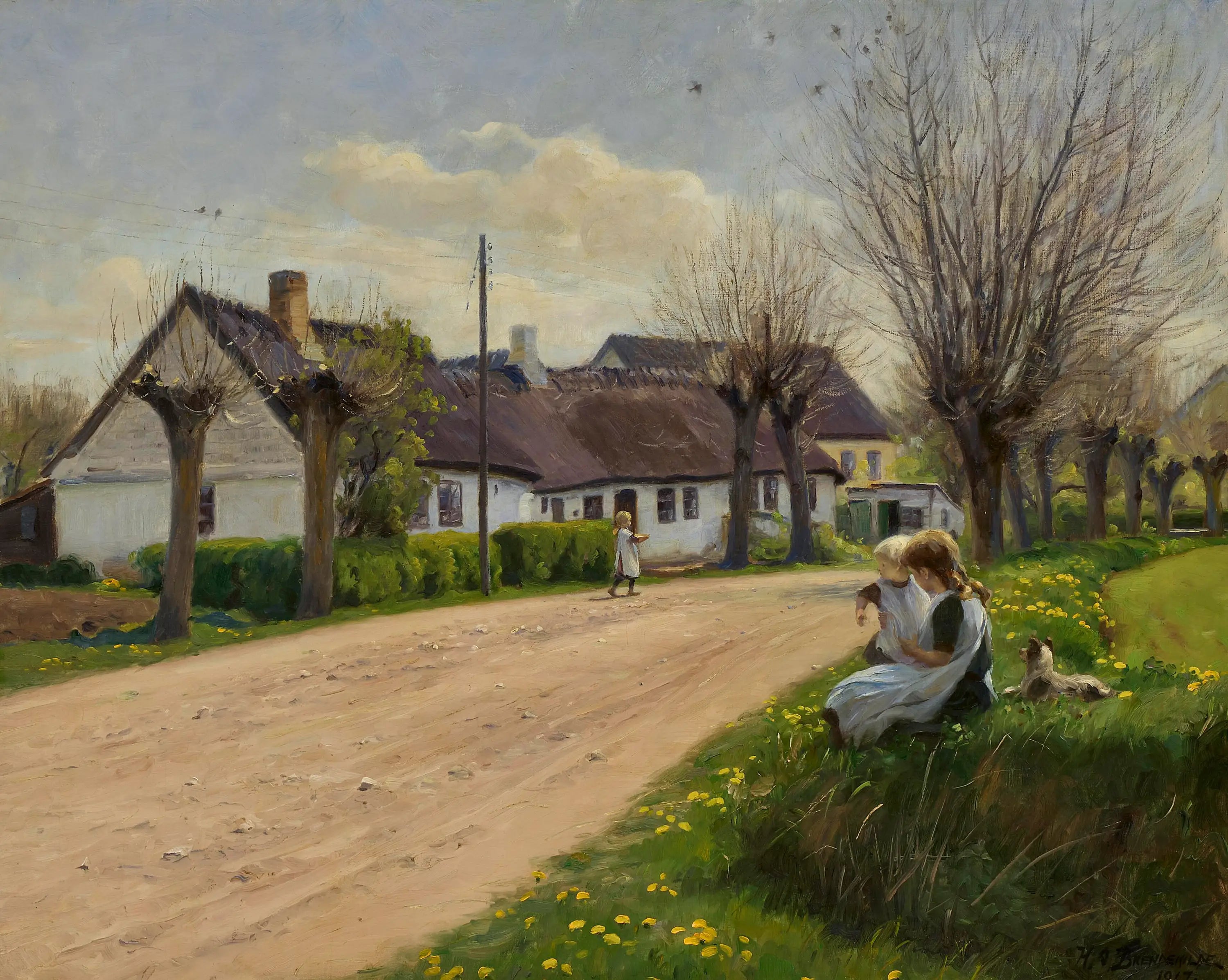 Printemps dans un village avec des filles au bord de la route. - H. A. Brendekilde - Alpha Reproduction