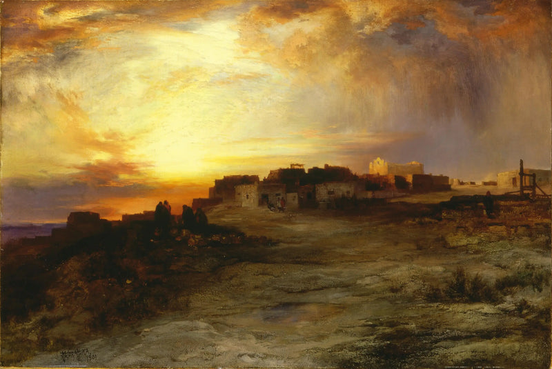 Pueblo při západu slunce (Laguna) - Thomas Moran