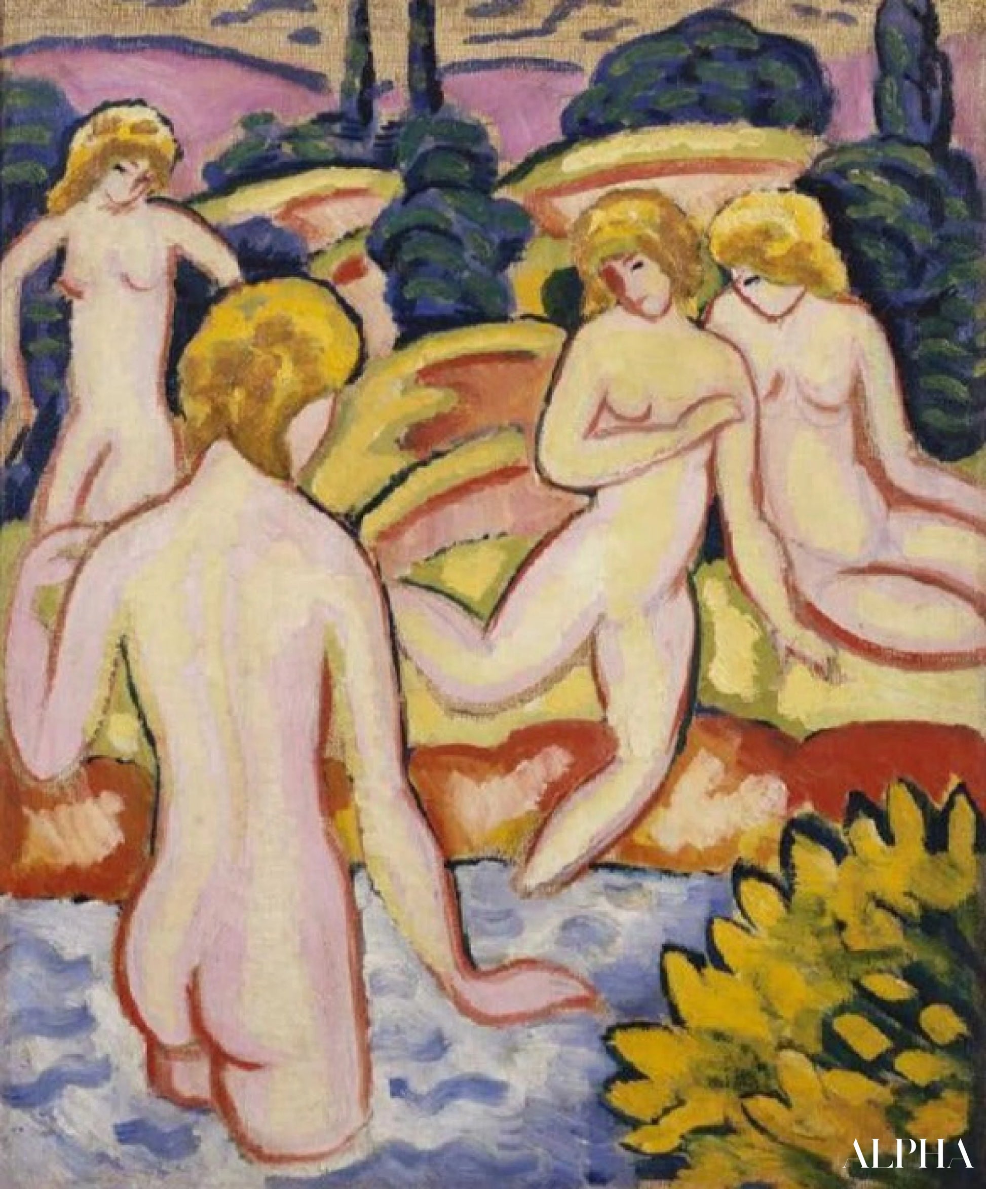 Reproduction du tableau « Quatre baigneurs (Baigneurs avec arbres de vie) - August Macke » par Alpha Reproduction en peinture à l’huile