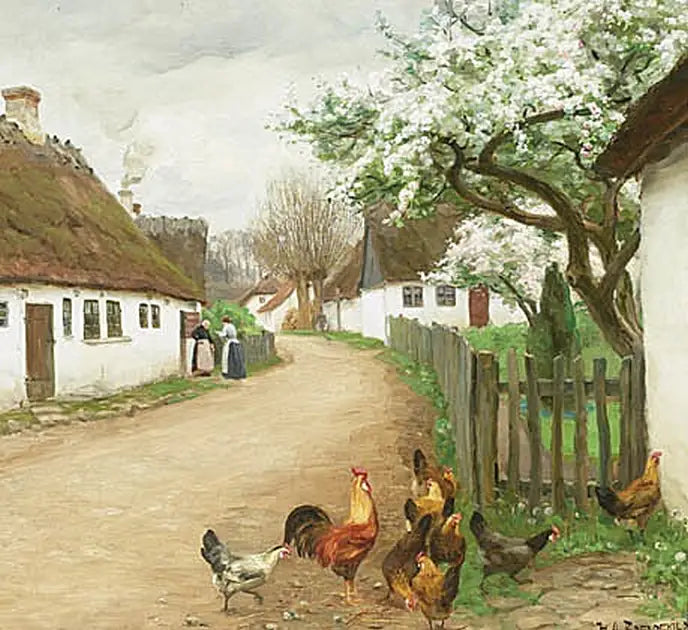 Rue du village avec des poules et deux femmes qui discutent. - H. A. Brendekilde - Alpha Reproduction