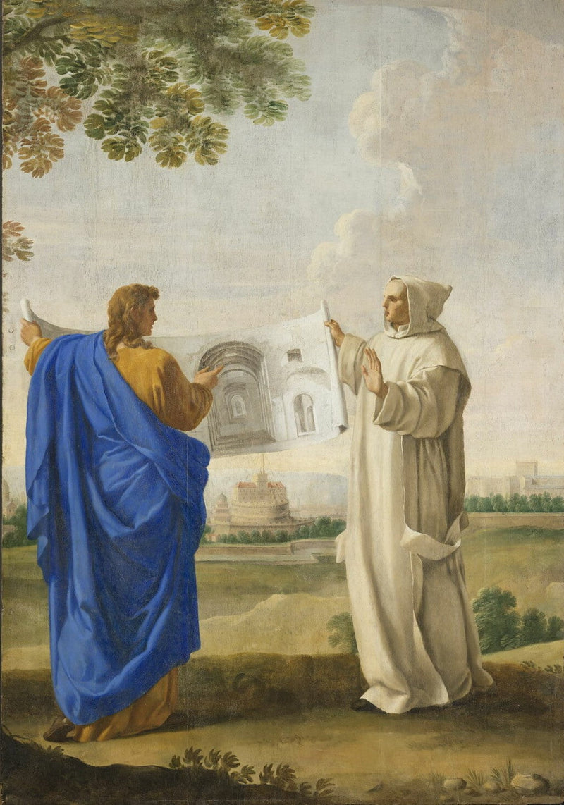 Svatý Bruno zkoumá kresbu Diokleciánových lázní, místo budoucího kartuziánského kláštera v Římě - Eustache Le Sueur