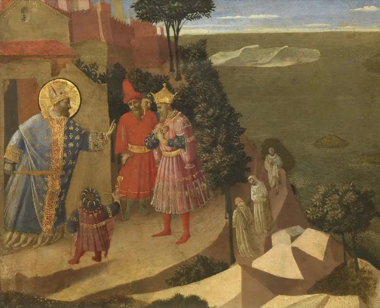Světce Romuald zakazuje císaři Otovi III vstup do kláštera, úryvek z vyřezávané tabule zobrazující scény z Thébaidy - Fra Angelico