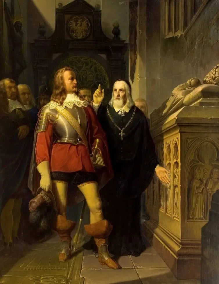 Szymon Starowolski a Charles Gustav před hrobem Władysław Łokietek. - Jan Matejko