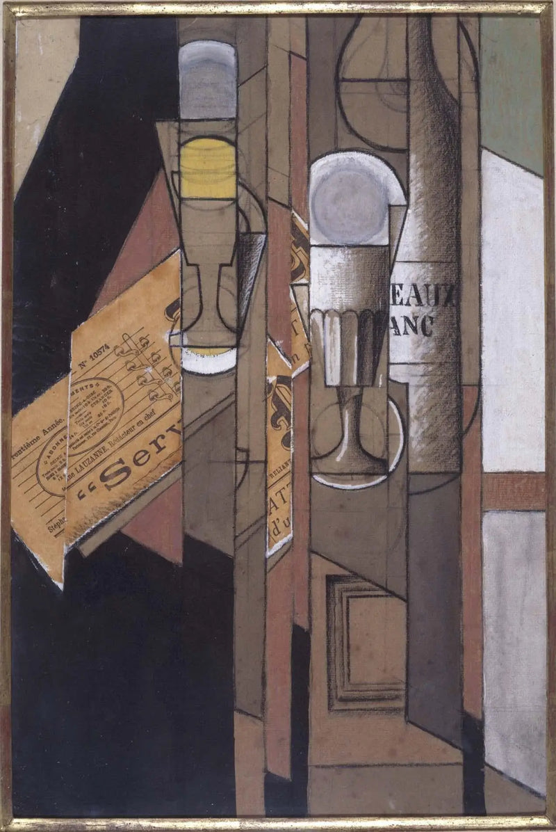 Šálky, časopis a láhev vína - Juan Gris