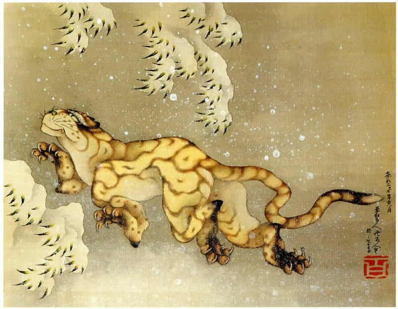 Tygr v sněhu - Hokusai