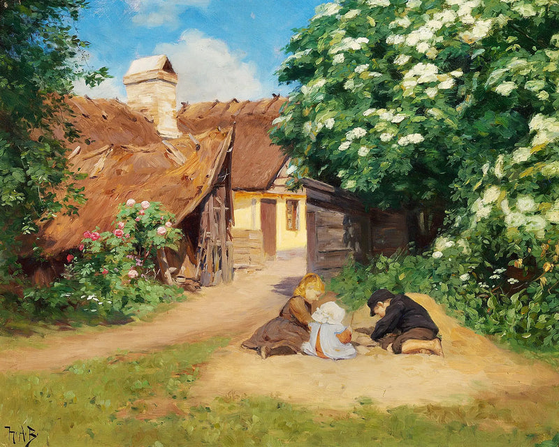 Tři děti si hrají u farmy v letní den. - H. A. Brendekilde