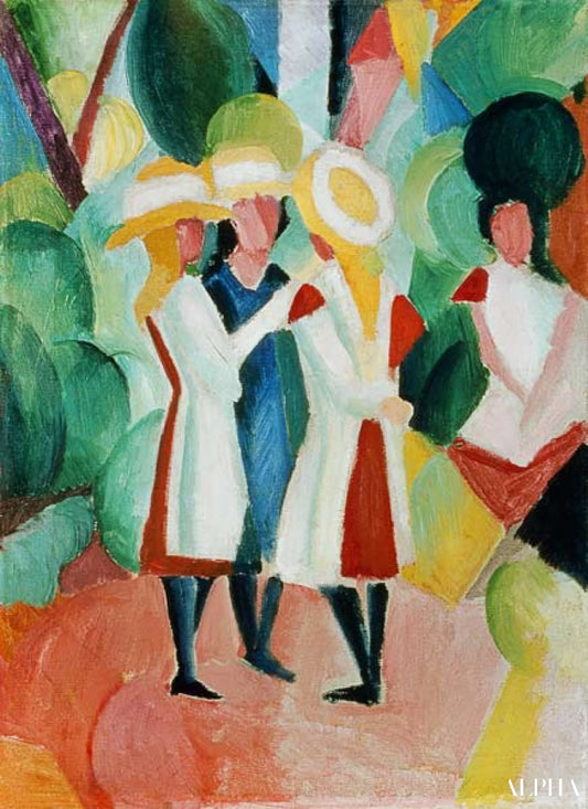 Trois filles avec des chapeaux de paille jaunes - August Macke - Reproductions de tableaux et peintures haut de gamme