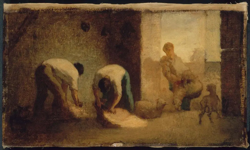 Tři muži stříhají ovce v seníku - Jean-François Millet