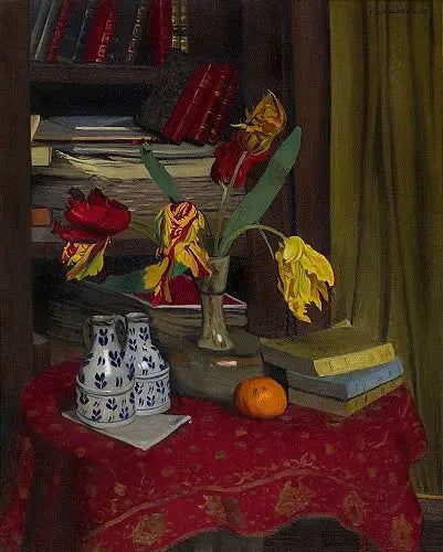 Tulipány papoušci, pozadí knihovny - Félix Vallotton