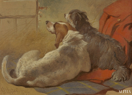 Un chien courant et un colley barbu assis sur un manteau de chasse - John Frederick Herring Snr - Reproductions de tableaux et peintures haut de gamme
