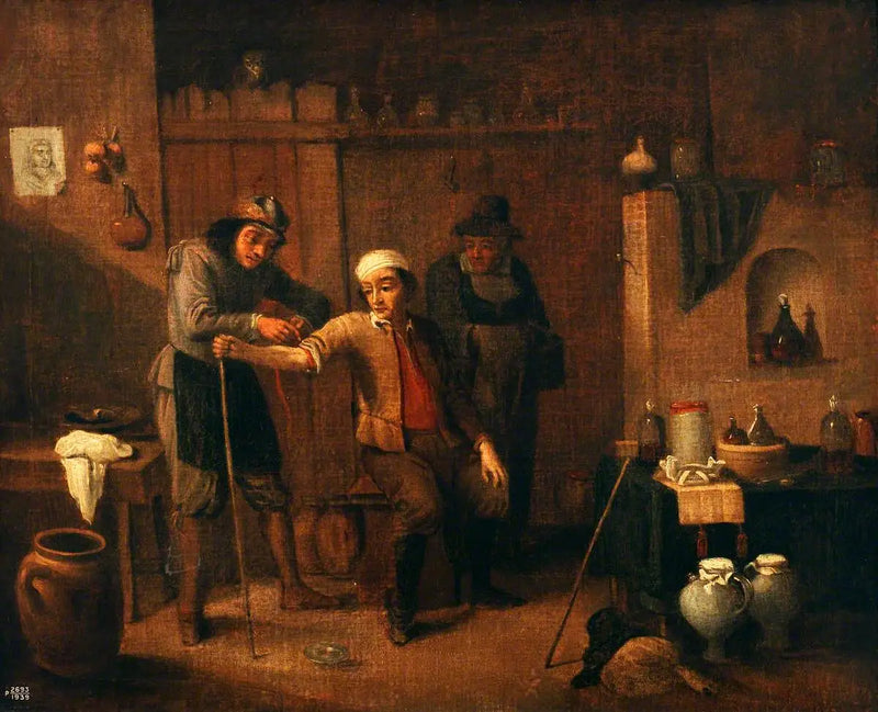 Chirurg svazující turniket kolem paže muže - David Teniers le Jeune