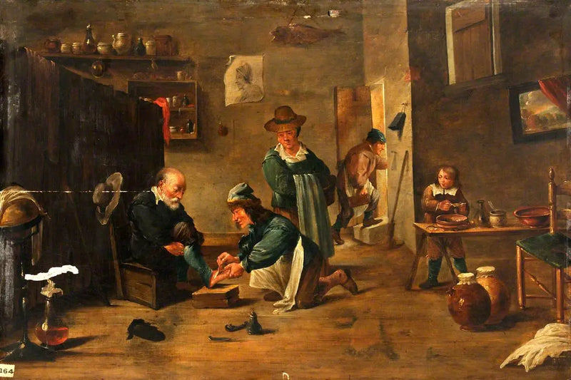Chirurg léčí nohu muže sádrou - David Teniers le Jeune
