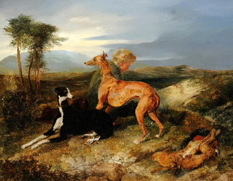 Chlapec a dva greyhounds odpočívají - Edwin Henry Landseer