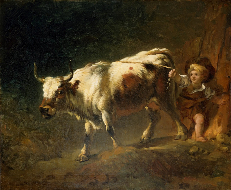 Un garçon tente de retenir une vache avec une corde - Jean-Honoré Fragonard