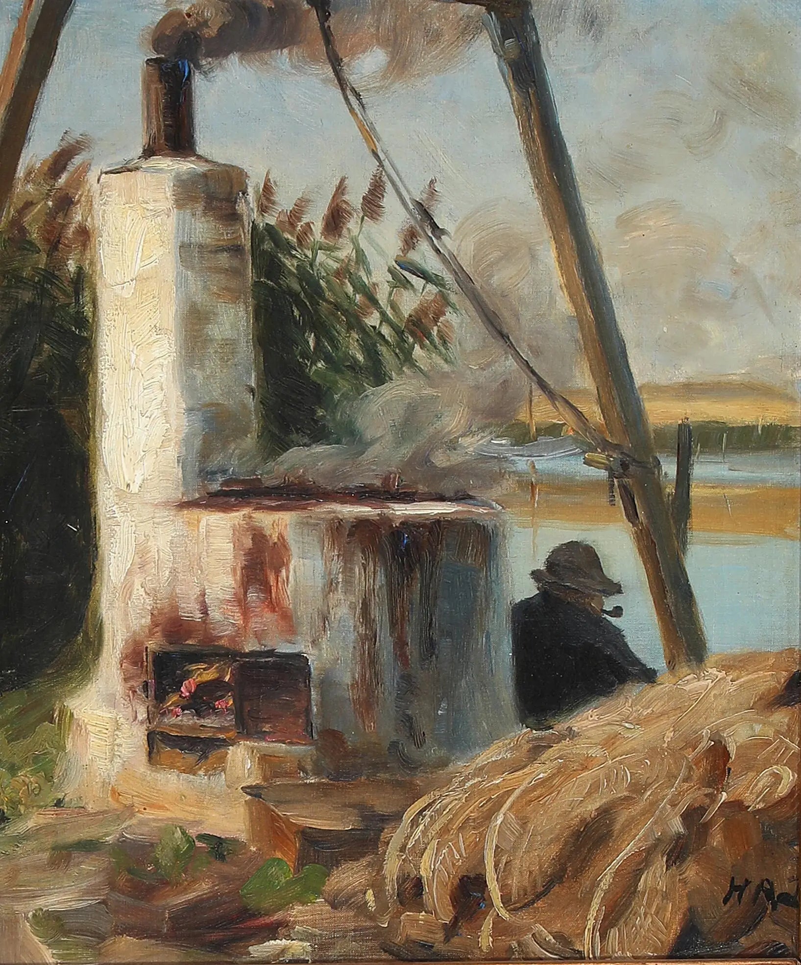 Un homme assis devant le four fumant. - H. A. Brendekilde - Alpha Reproduction