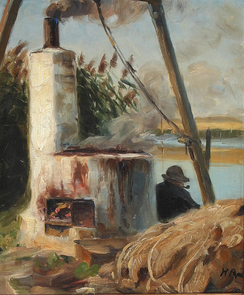 Muž sedící před dýmící pecí. - H. A. Brendekilde