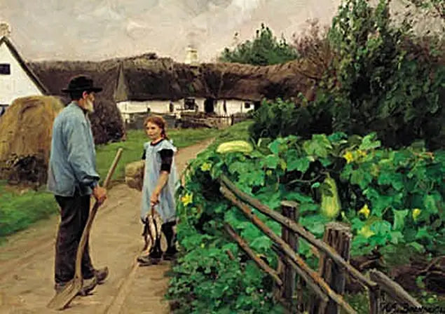 Muž a dívka diskutují na silnici. - H. A. Brendekilde