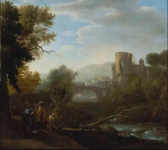 Landschaft mit Tivoli und dem Tempel der Vesta, Jägern und einem Künstler, der im Vordergrund zeichnet - Claude Lorrain