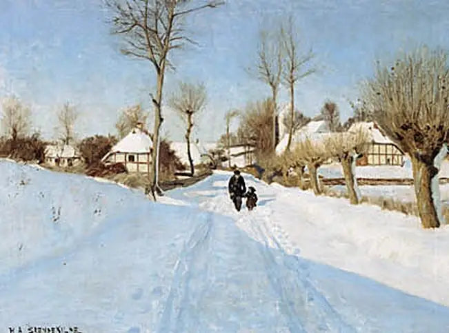 Un vieil homme et une petite fille entre des maisons au toit de chaume. - H. A. Brendekilde - Alpha Reproduction