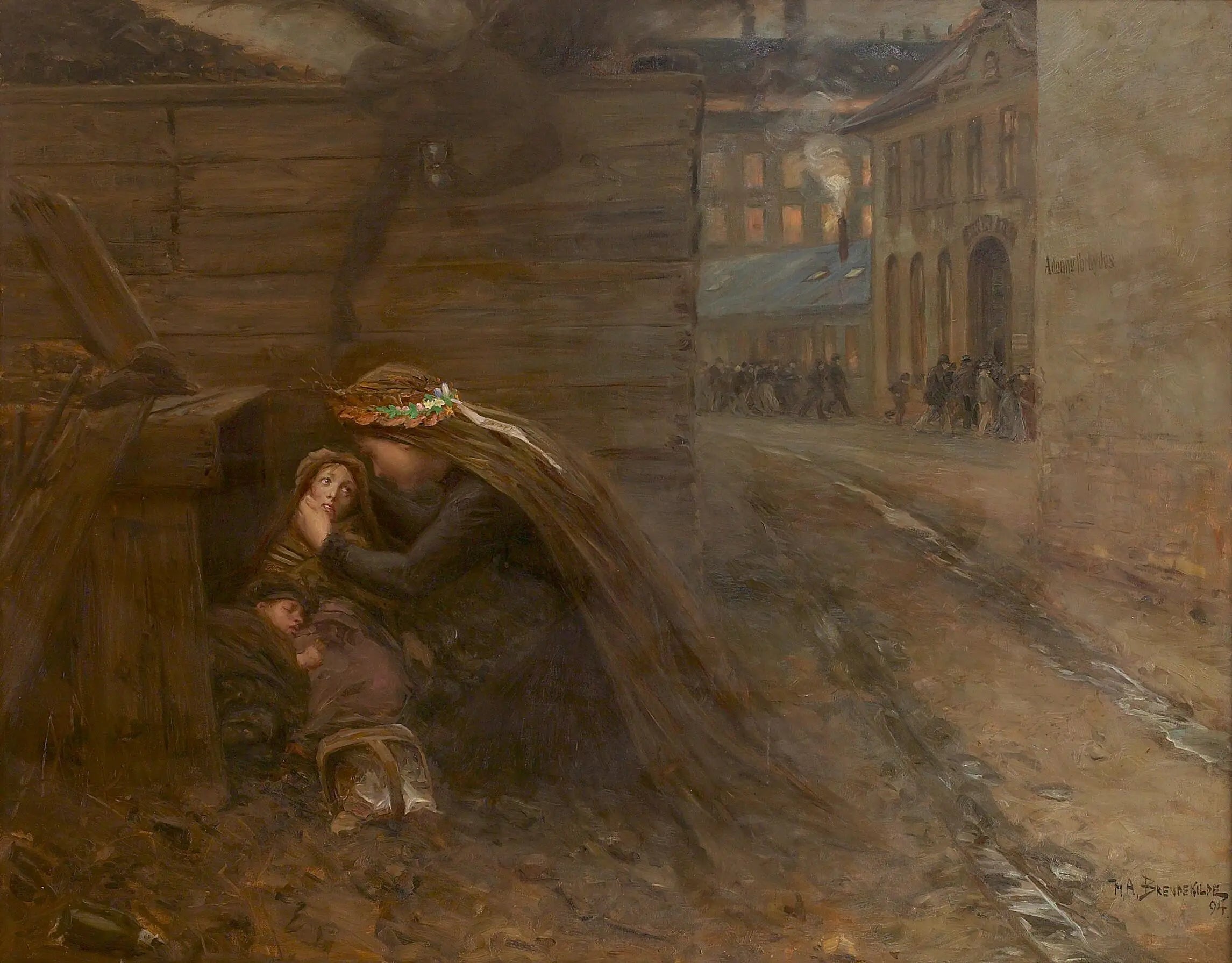 Une femme apporte de la nourriture à deux enfants. - H. A. Brendekilde - Alpha Reproduction