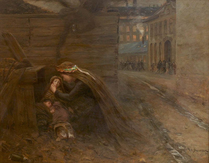 Žena přináší jídlo dvěma dětem. - H. A. Brendekilde