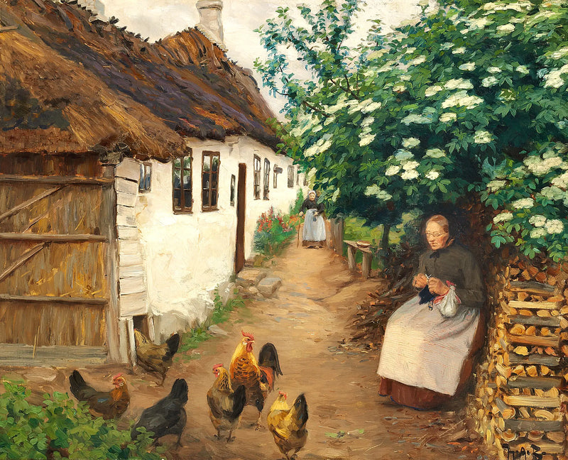 Žena plete u starého domu. - H. A. Brendekilde