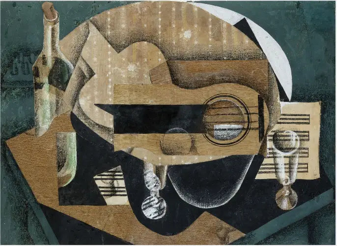 Kytara, sklenice a láhev - Juan Gris
