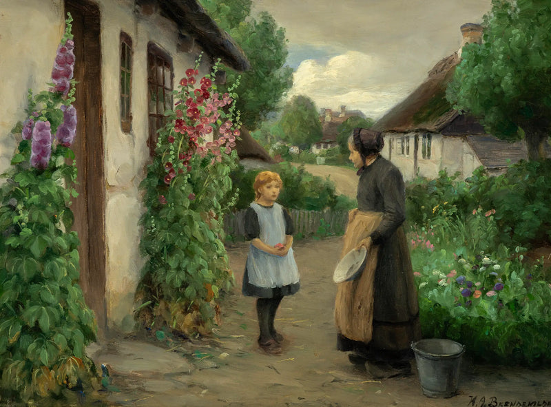 Letní den ve vesnici s malou dívkou a starší ženou. - H. A. Brendekilde
