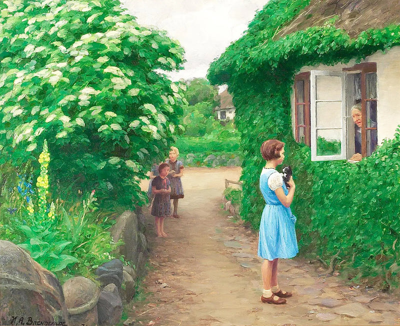 Letní den s dětmi, s koťetem a starou ženou u okna. - H. A. Brendekilde