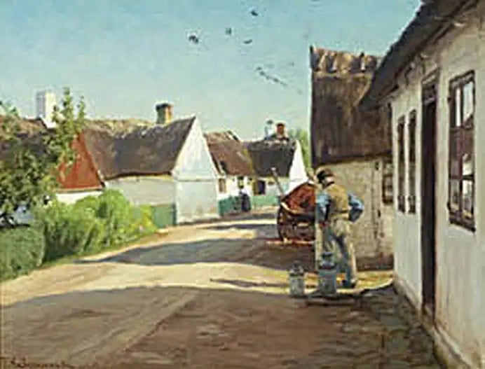 Letní den ve vesnici s mužem stojícím u několika mléčných sudů. - H. A. Brendekilde
