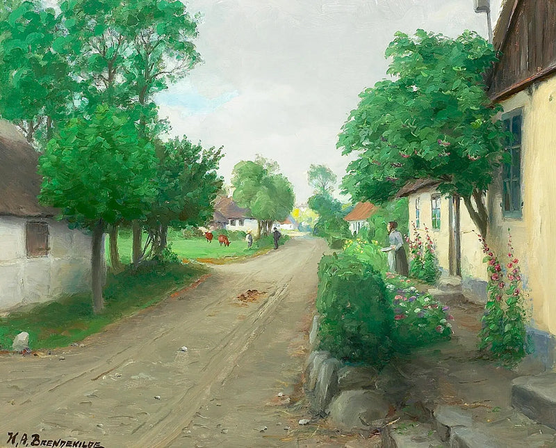 Vesnická cesta s lidmi, kravami a květoucími hlávkami růží - H. A. Brendekilde