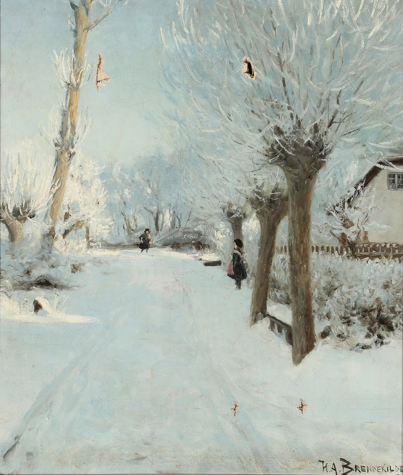 Slunečná a zasněžená silnice s dvěma dětmi. - H. A. Brendekilde