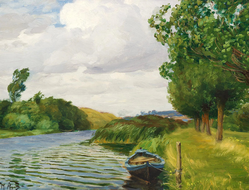 Pohled na řeku v Odense s lodí. - H. A. Brendekilde