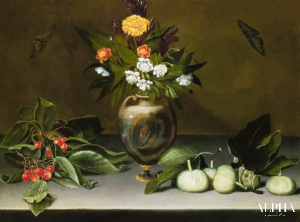 Vase avec des fleurs, cerises, figues et deux papillons - Caravage - Reproductions de tableaux et peintures haut de gamme