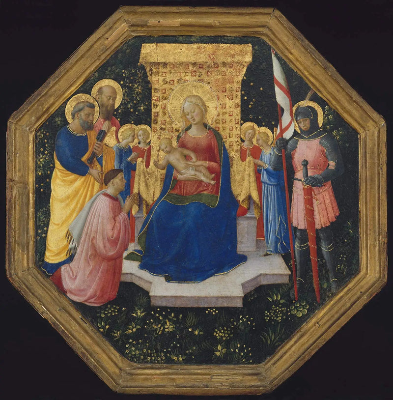 Panna Marie s dítětem na trůnu s apoštoly Petra, Pavla a Jiřího (?), čtyřmi anděly a dárcem - Fra Angelico